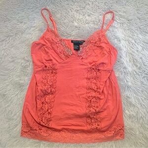 Y2K Boston Proper Coral Strappy Tank Top Cami Medium Rhinestone Sheer Lace